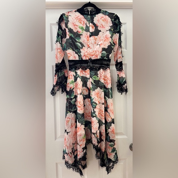 Floral Lace asymmetrical trim Silk Dress sz Small Pink Black - Picture 10 of 12